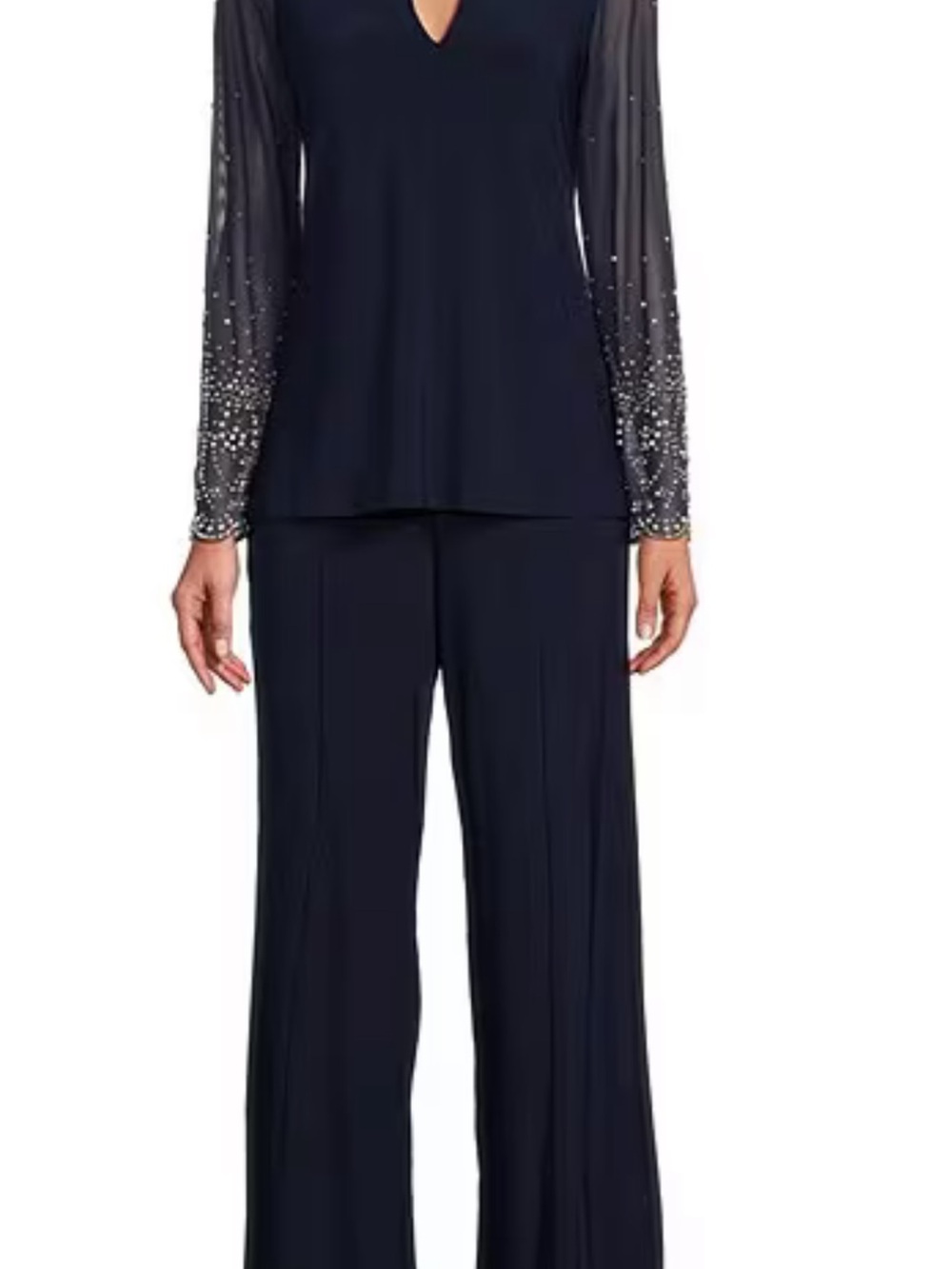 MARINA Navy Wide-Leg Pantsuit with Embellished Sheer Sleeves